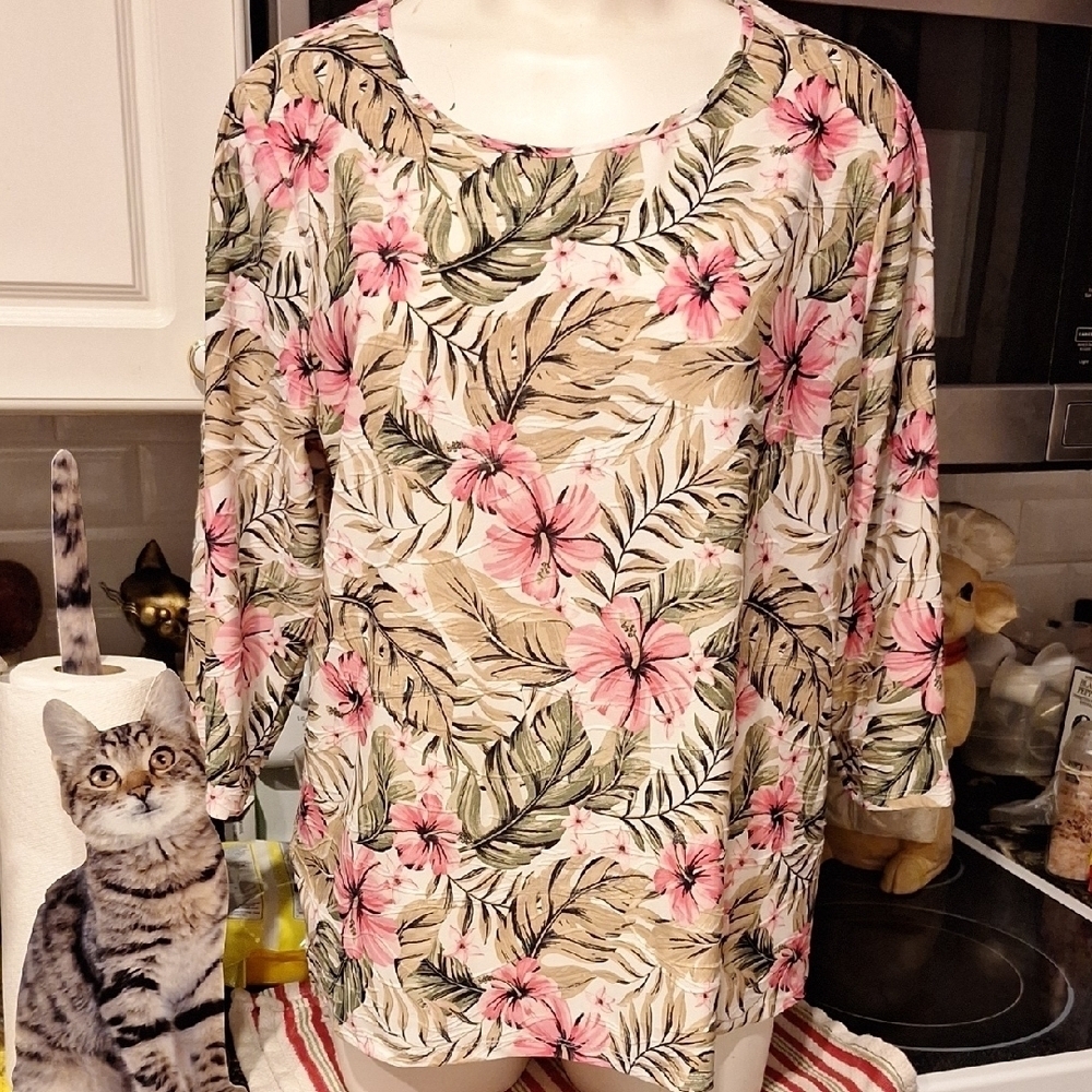 e Womens Juniper + Lime Stretch Floral 3/4 Sleeve Regular Size Top XL